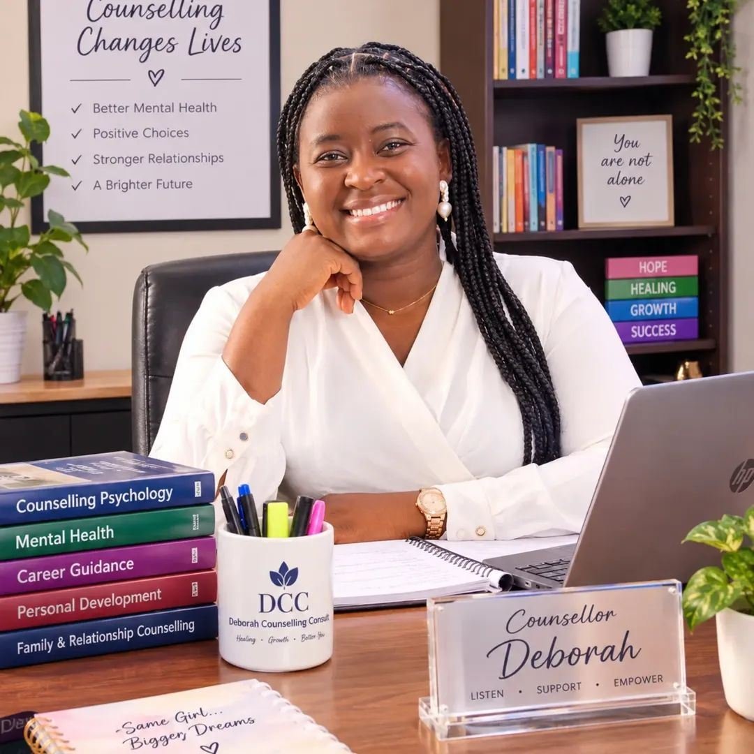 Counselor Deborah Baba smiling at her desk in her counseling office
