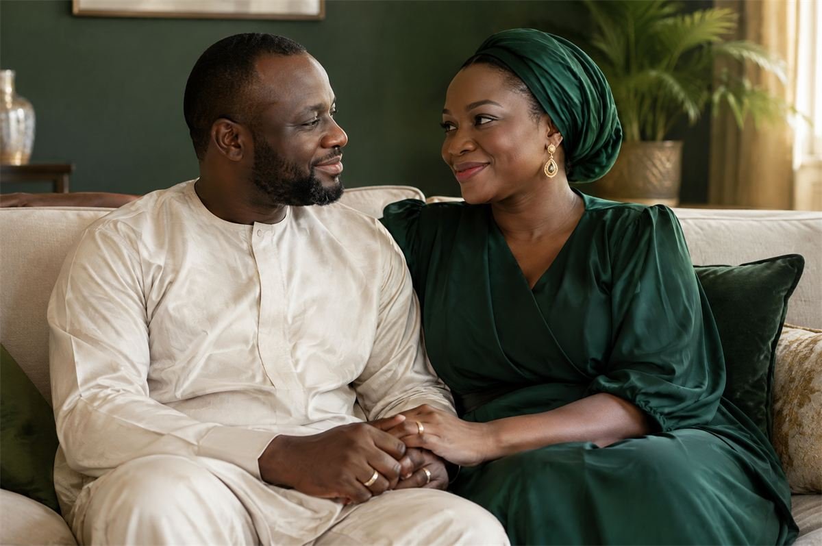 A married couple sitting close together on a sofa with their hands clasped