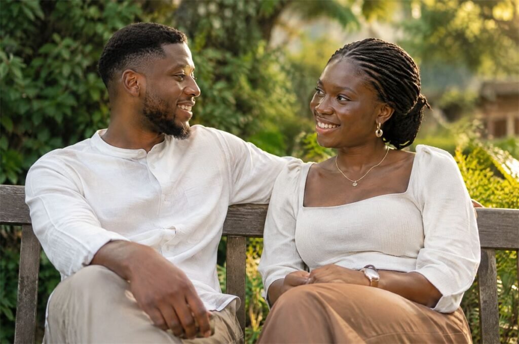 A young couple smiling at each other in conversation on a garden bench